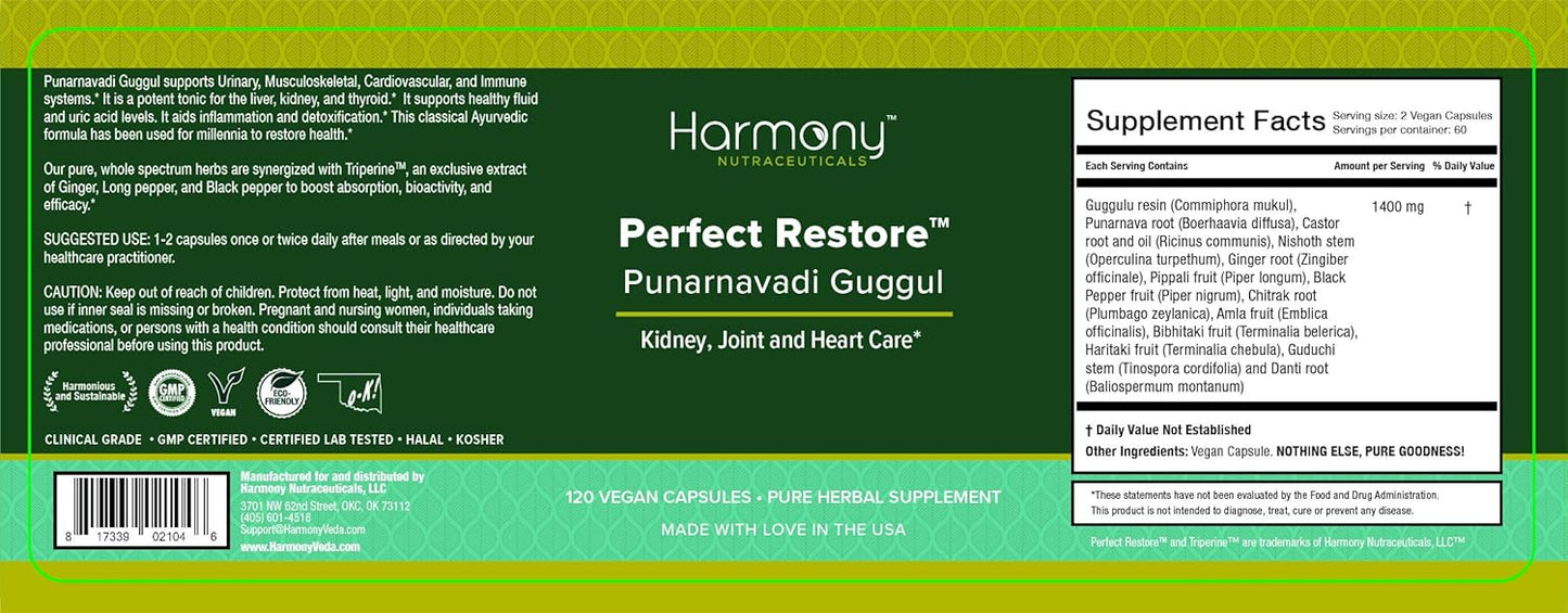 Harmony Nutraceuticals Punarnavadi Guggul Restore Capsules - 120 Vegan Dr. Gumman's Clinical Grade High Potency Formula