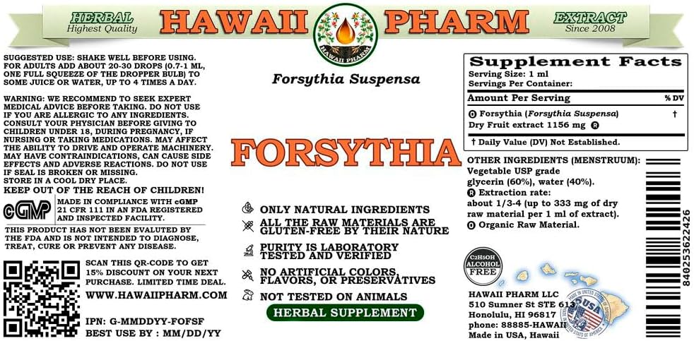 Hawaii Pharm Forsythia - Your Natural Shield and Effective Protection, Alcohol-Free Liquid Extract, Organic Forsythia (Forsythia Suspensa) Dried Fruit Glycerite 2 oz