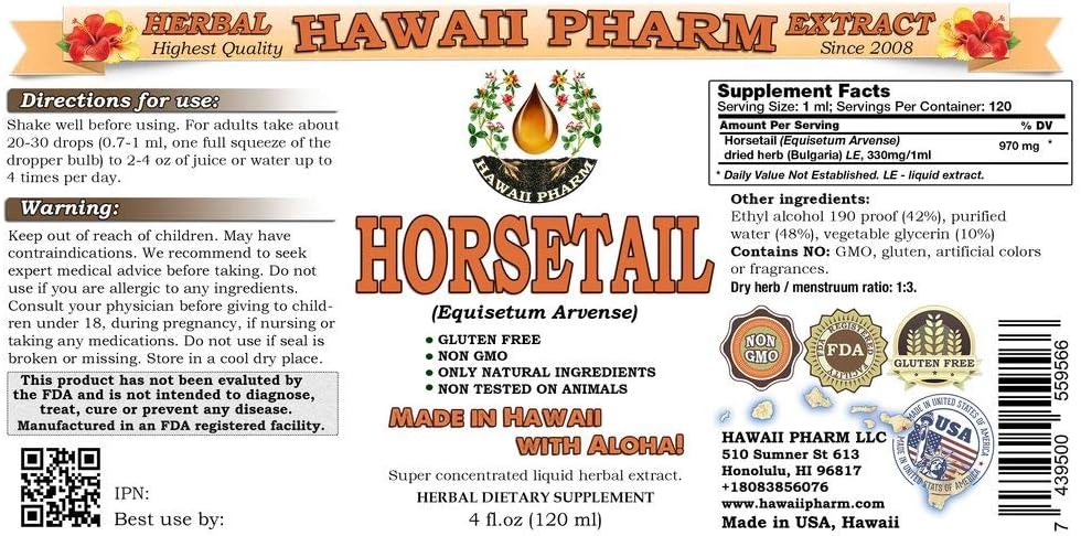 Hawaii Pharm Horsetail Liquid Extract - 4 Oz Bottle - Equisetum Arvense Supplement