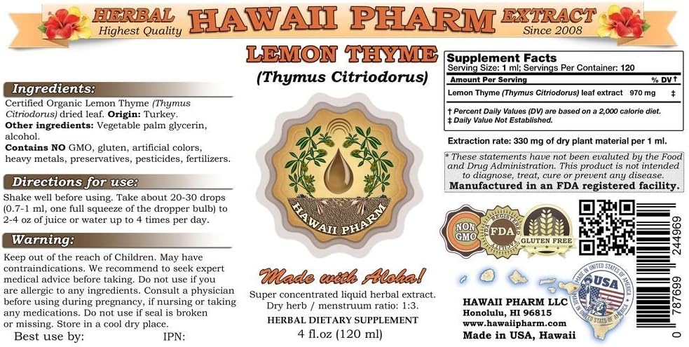 Hawaii Pharm Lemon Thyme Liquid Extract - Thyme Citriodorus Dried Leaf Tincture Supplement 16 oz