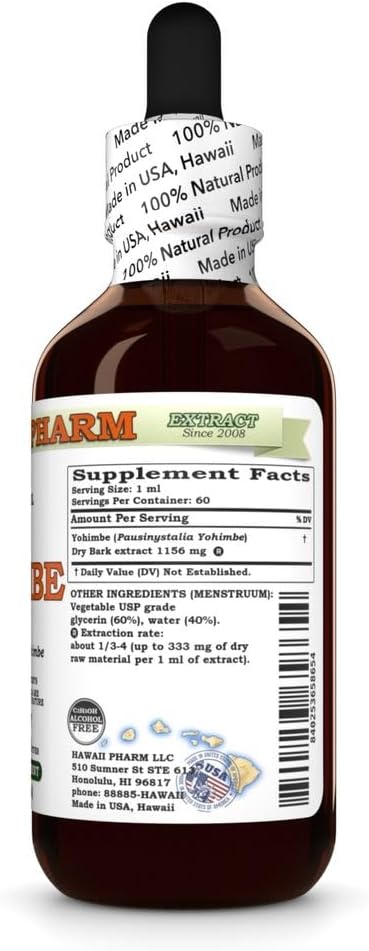 Hawaii Pharm Yohimbe Dry Bark Glycerite - All Natural Alcohol-Free Liquid Extract - 2 fl.oz - Vegan - Lab Tested - Made in Hawaii