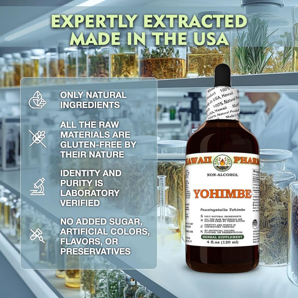 Hawaii Pharm Yohimbe Dry Bark Glycerite - All Natural Alcohol-Free Liquid Extract - 2 fl.oz - Vegan - Lab Tested - Made in Hawaii