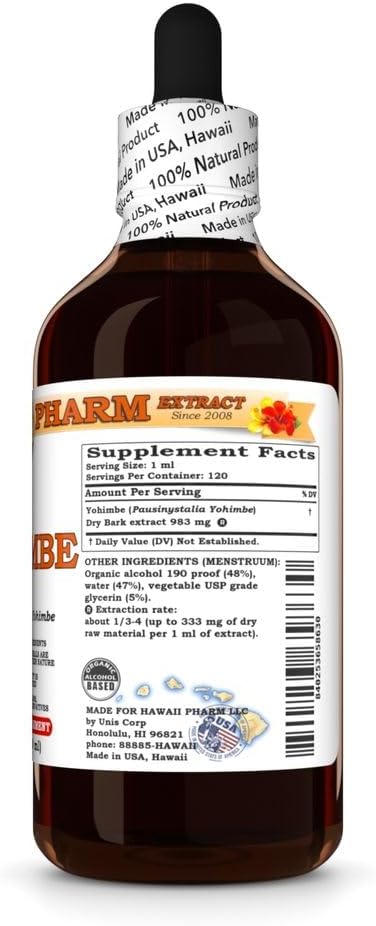Hawaii Pharm Yohimbe Dry Bark Tincture - All Natural Vegan Extract from Hawaii - 4 fl.oz