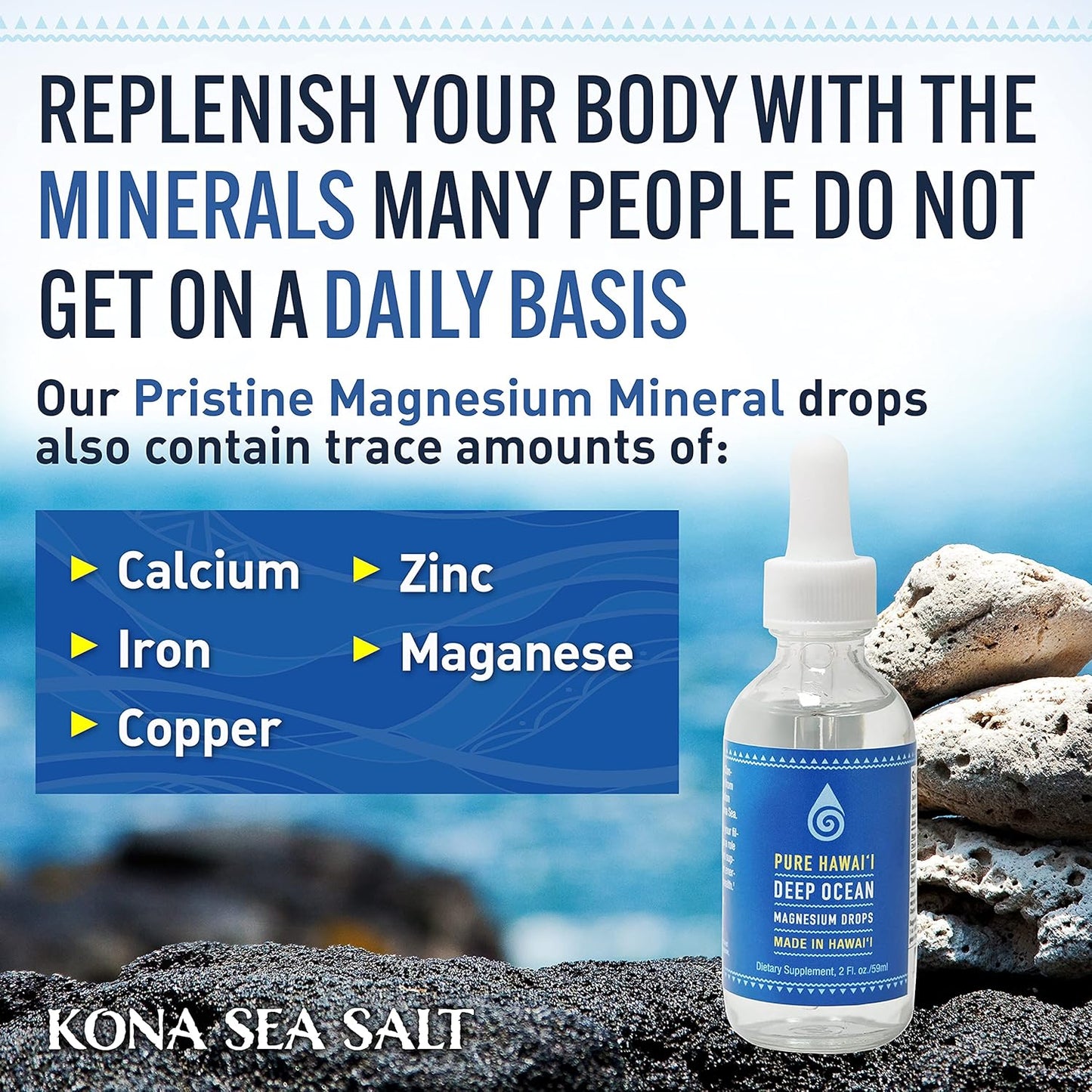 Hawaiian Kona Sea Salt Liquid Drops with Magnesium & Trace Minerals - 2 Fl. Oz - Supports Brain, Mood, Muscle, Nerve, & Heart Health