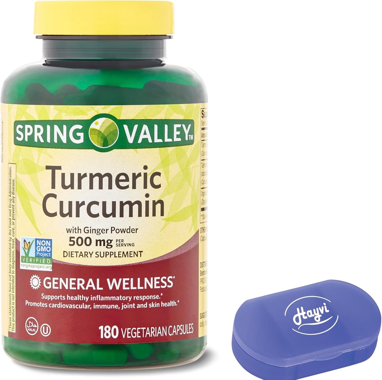 Hayvi Spring Valley Turmeric Curcumin with Ginger Powder Dietary Supplement, 500 mg, 180 Count + Pill Container