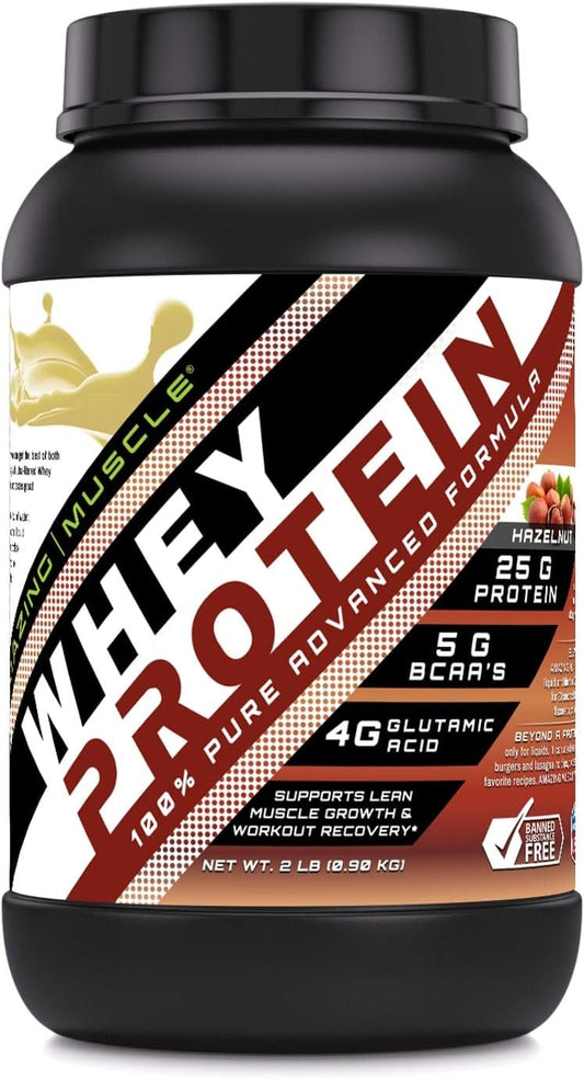 Hazelnut Flavored Whey Protein Isolate & Concentrate Supplement - 25g per Serving - 2lb (0.90kg) - Non-GMO & Gluten-Free - Amazing Nutrition