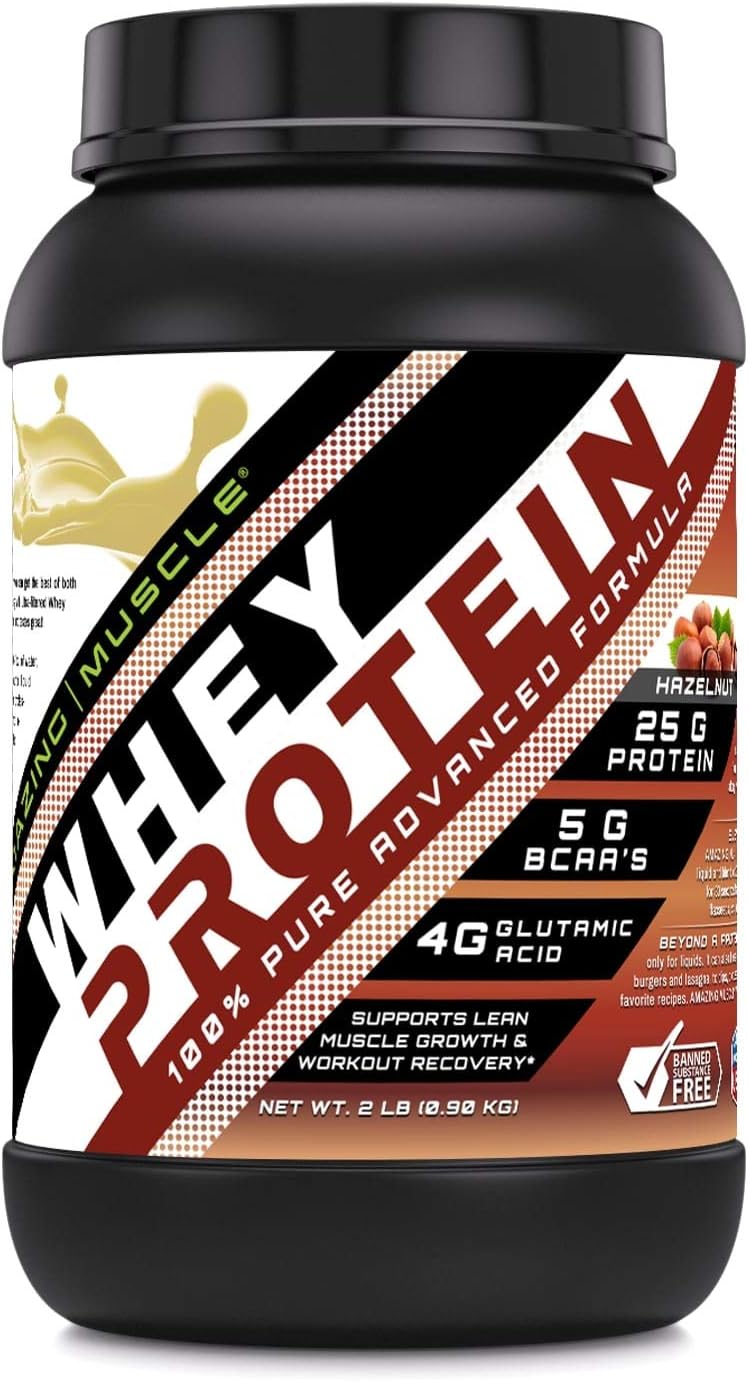 Hazelnut Flavored Whey Protein Isolate & Concentrate Supplement - 25g per Serving - 2lb (0.90kg) - Non-GMO & Gluten-Free - Amazing Nutrition