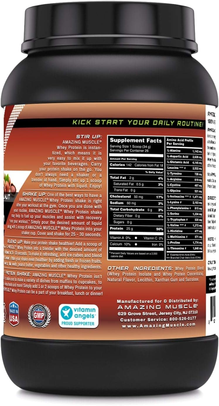 Hazelnut Flavored Whey Protein Isolate & Concentrate Supplement - 25g per Serving - 2lb (0.90kg) - Non-GMO & Gluten-Free - Amazing Nutrition