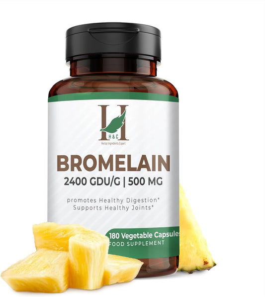 H&C Bromelain 500mg Veg Capsules - 180 Count Pineapple Extract Supplement with Herbal Ingredients