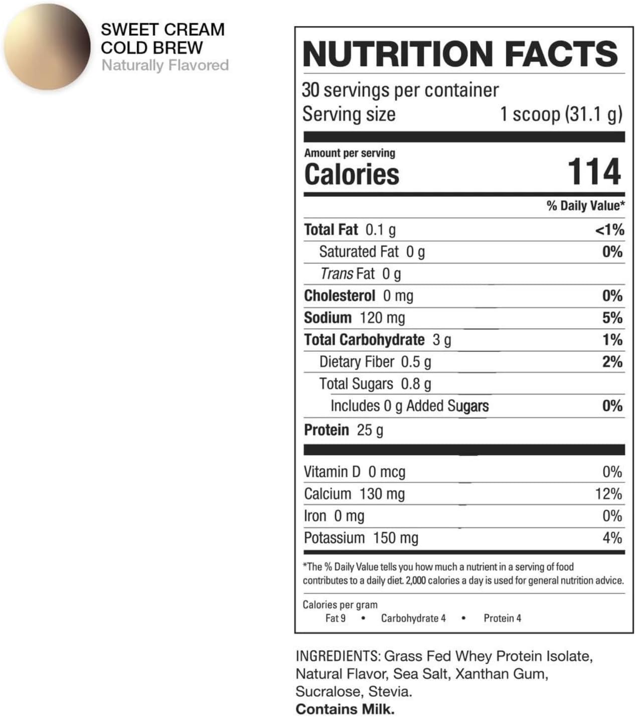 HD MUSCLE ProHD Grass-Fed Whey Isolate Protein Powder - 25g Protein, 114 Calories, Zero Fillers - Sweet Cream Cold Brew Flavor - 30 Servings