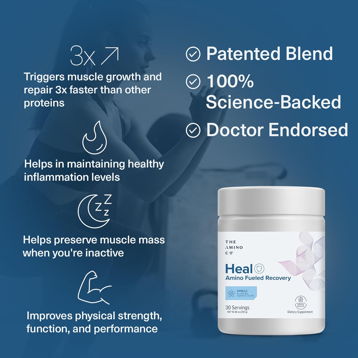 Heal - Post Workout Recovery Drink with Eaa Amino Acid Formula and Creatine Monohydrate - Vegan, Keto-Friendly Vanilla Flavor Powder - 10.58oz