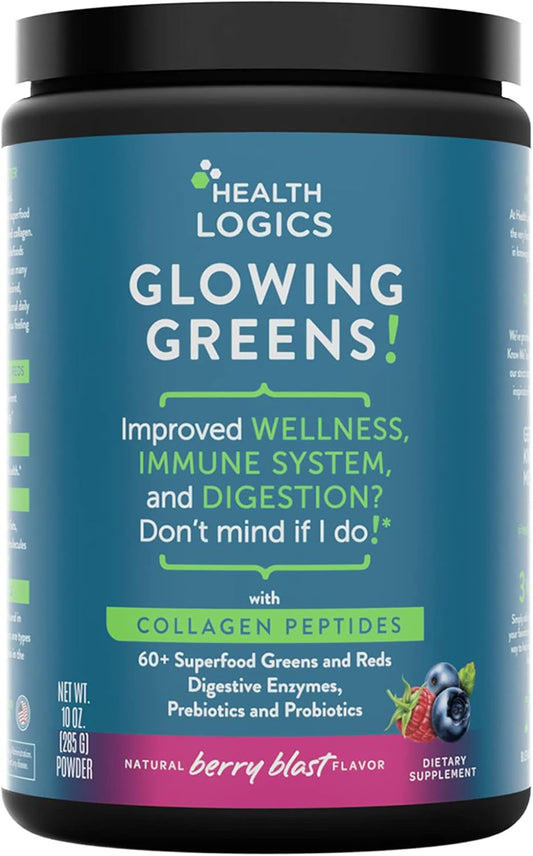 Health Logics Glowing Greens Superfood Powder with Collagen Peptides for Immune, Digestive, and Gut Health Support - Antioxidant Rich Blend with Prebiotics and Probiotics to Improve Wellness