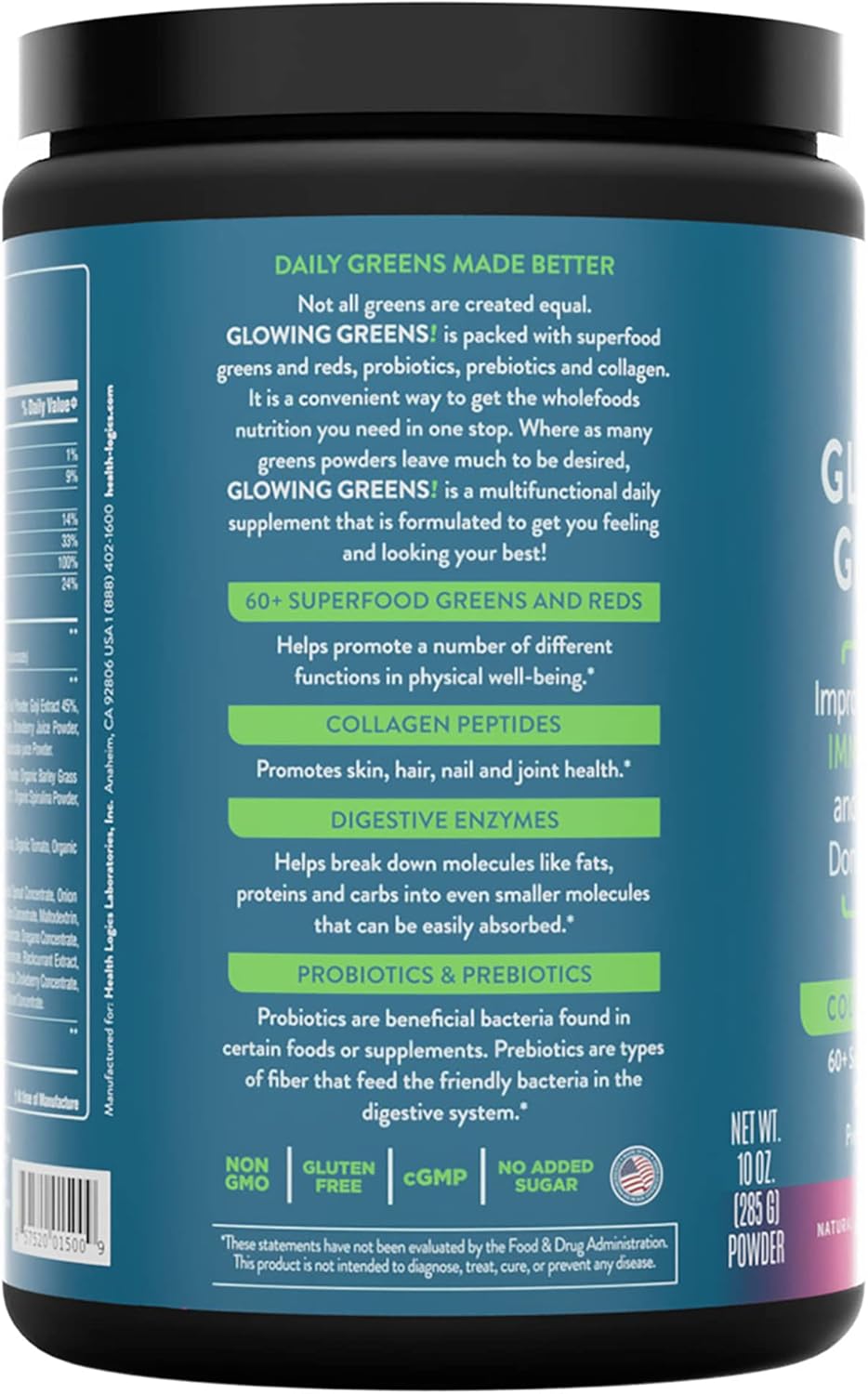 Health Logics Glowing Greens Superfood Powder with Collagen Peptides for Immune, Digestive, and Gut Health Support - Antioxidant Rich Blend with Prebiotics and Probiotics to Improve Wellness