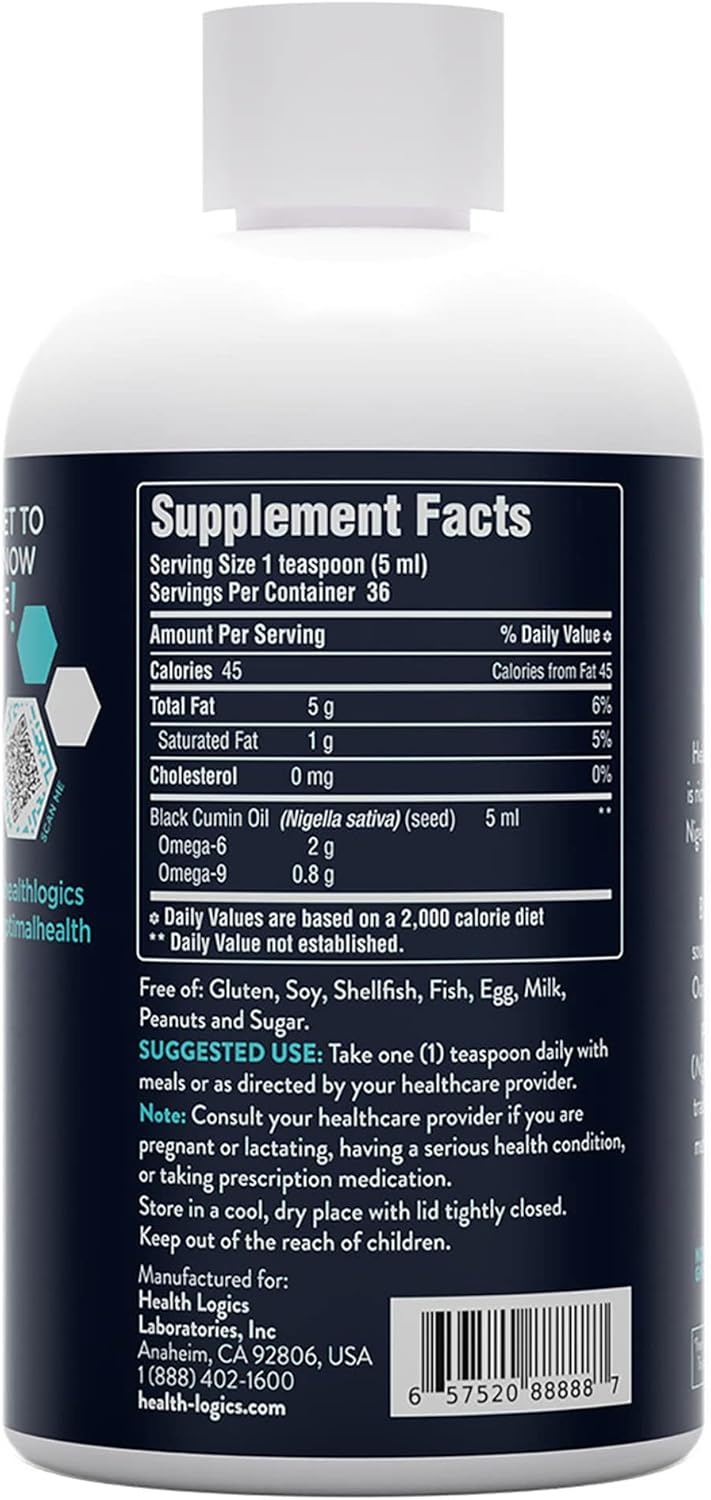Health Logics Pure Cold Pressed Black Seed Oil - 6 fl oz | Rich in Omega 6 & Omega 9 for Respiratory, Digestive & Immune Support