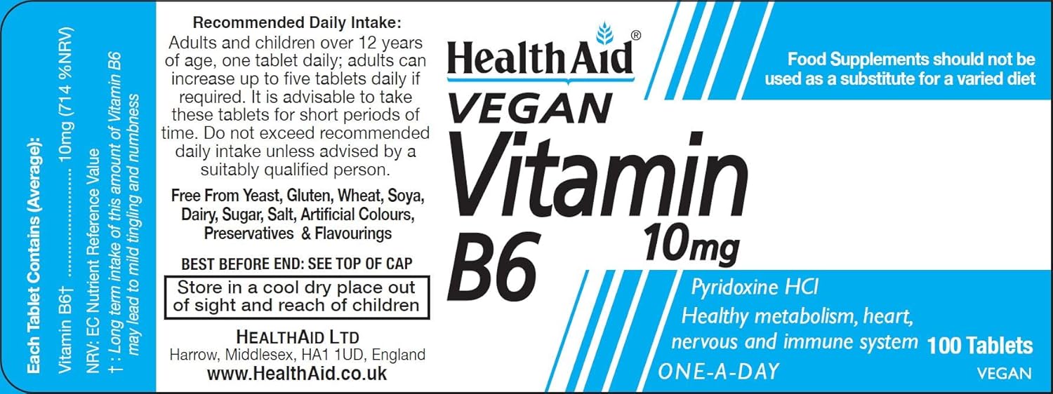 HealthAid Vitamin B6 (Pyridoxine HCl) 10mg - 100 Tablets for Overall Health Support