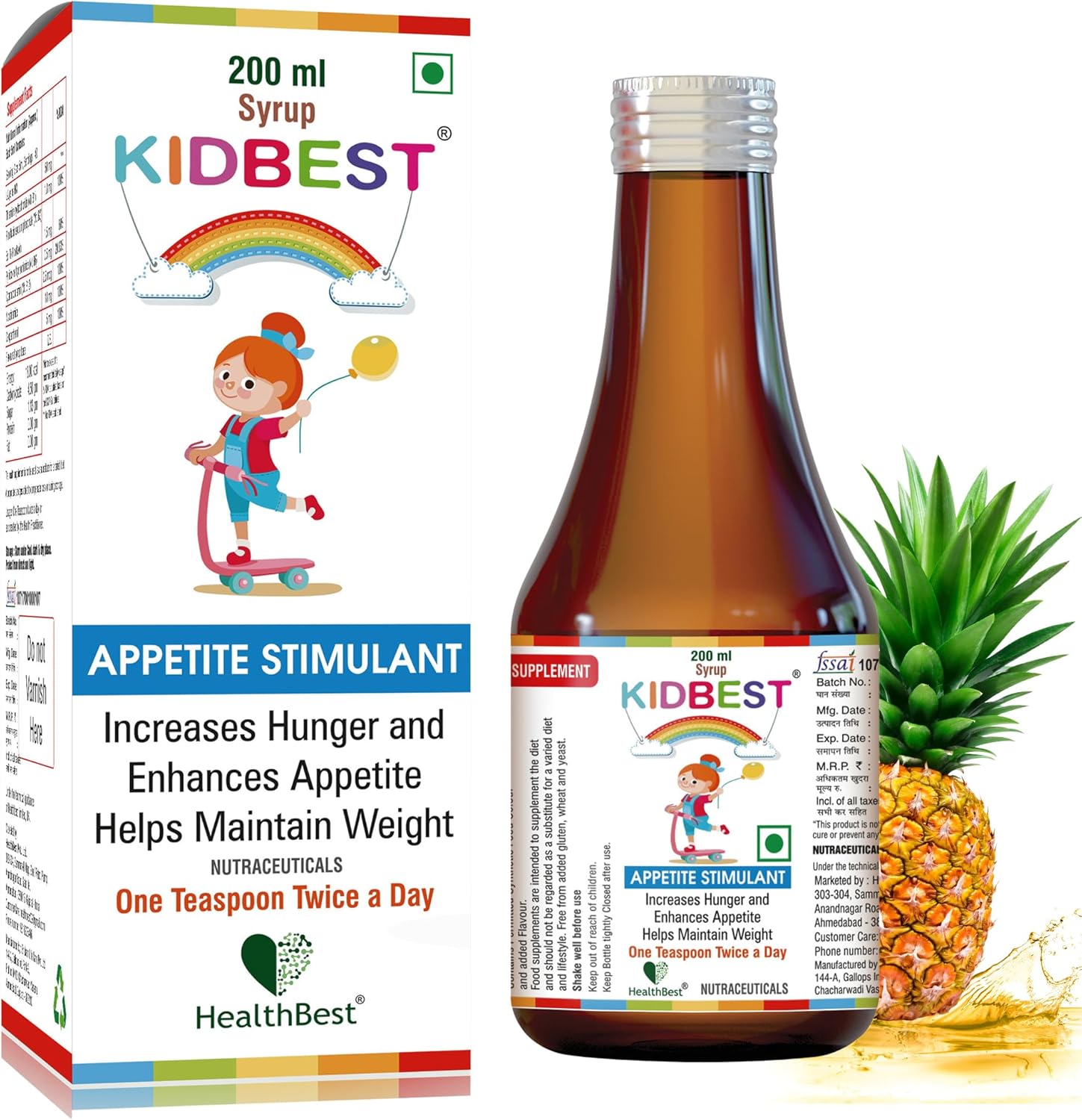 HealthBest Kidbest Appetite Stimulant Syrup for Children 3-13 Years | Boost Hunger | Support Healthy Weight | Gluten-Free Formula with L-Lysine HCI and B Vitamins | 200 ml