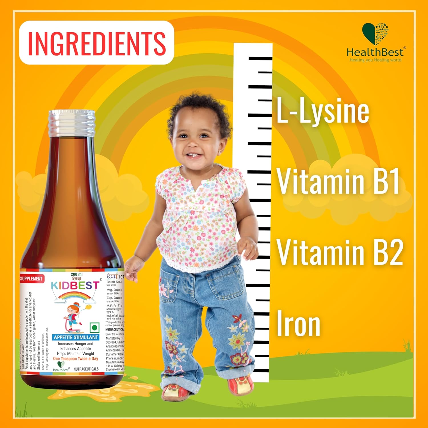 HealthBest Kidbest Appetite Stimulant Syrup for Children 3-13 Years | Boost Hunger | Support Healthy Weight | Gluten-Free Formula with L-Lysine HCI and B Vitamins | 200 ml