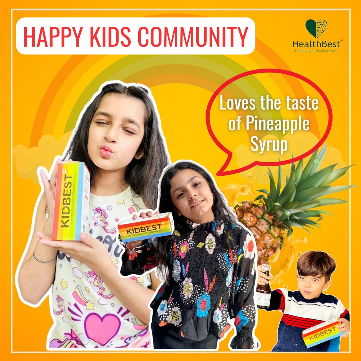 HealthBest Kidbest Appetite Stimulant Syrup for Children 3-13 Years | Boost Hunger | Support Healthy Weight | Gluten-Free Formula with L-Lysine HCI and B Vitamins | 200 ml