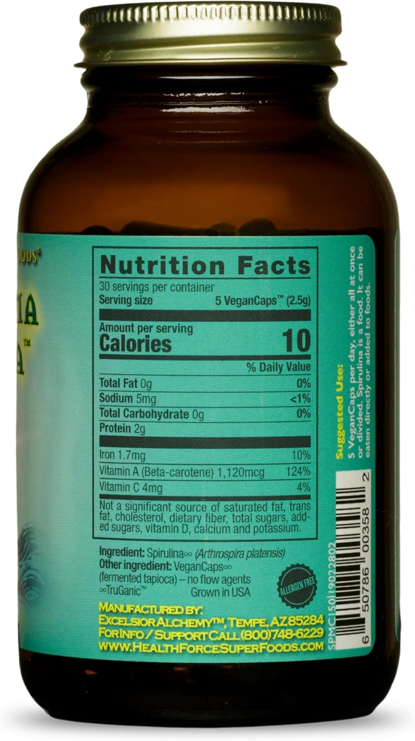 HealthForce SuperFoods Spirulina Manna Capsules - 150 Vegan Capsules for Immune Support and Overall Health