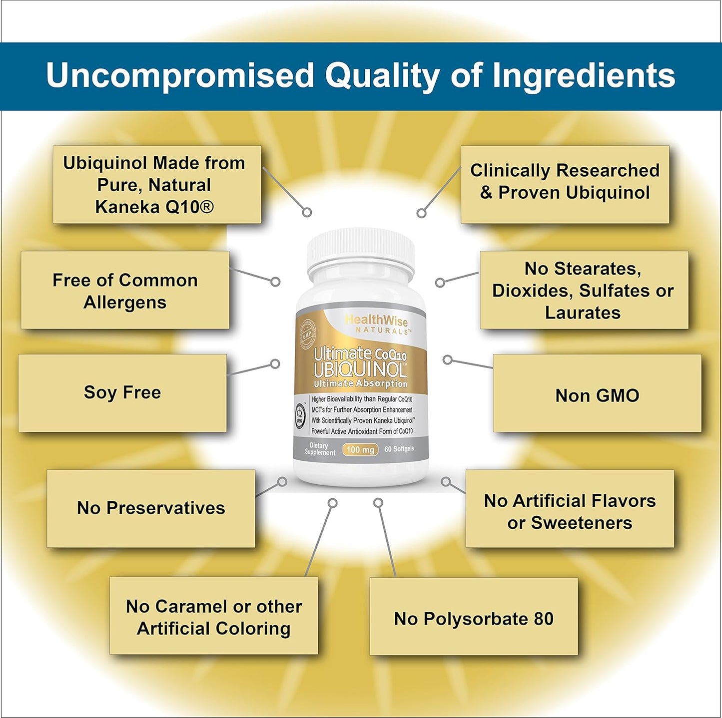HealthWise Naturals Ubiquinol CoQ10 100mg - Maximum Absorption & Potency - Non-GMO/Soy Free - Kaneka Ubiquinol - 60 Softgels