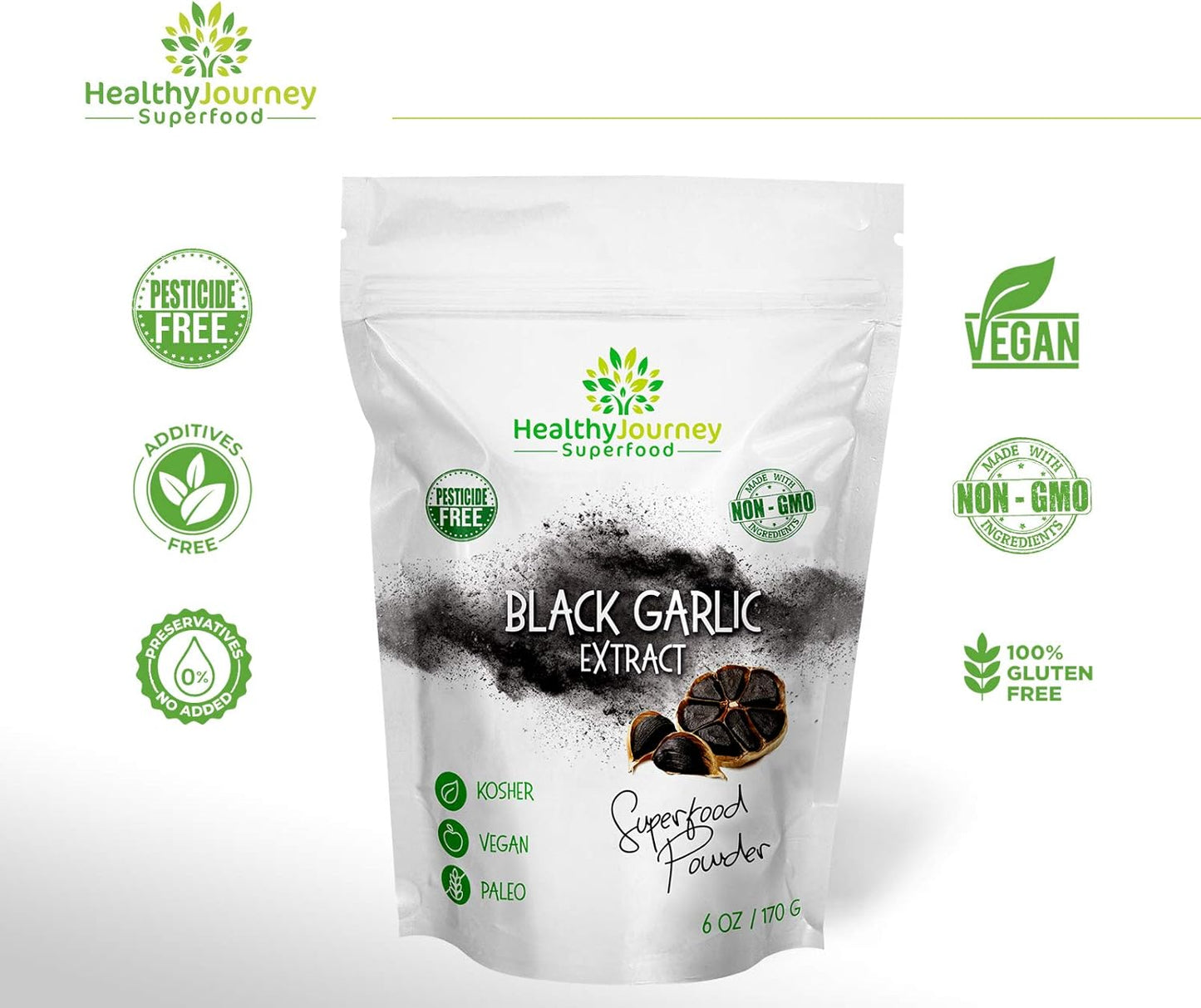 HealthyJourney Superfood Black Garlic Extract Powder - Pesticide Free, Non-GMO, Vegan, Gluten Free - Antioxidant Rich - 6 OZ