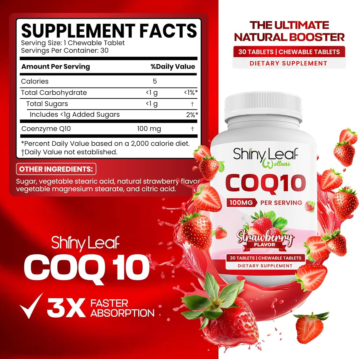 Heart, Bone, and Energy Support Bundle: Shiny Leaf COQ10 100mg, Calcium Citrate, and Vitamin D3 - 30 Chewable Tablets + 120 Caplets, 1 Month Supply