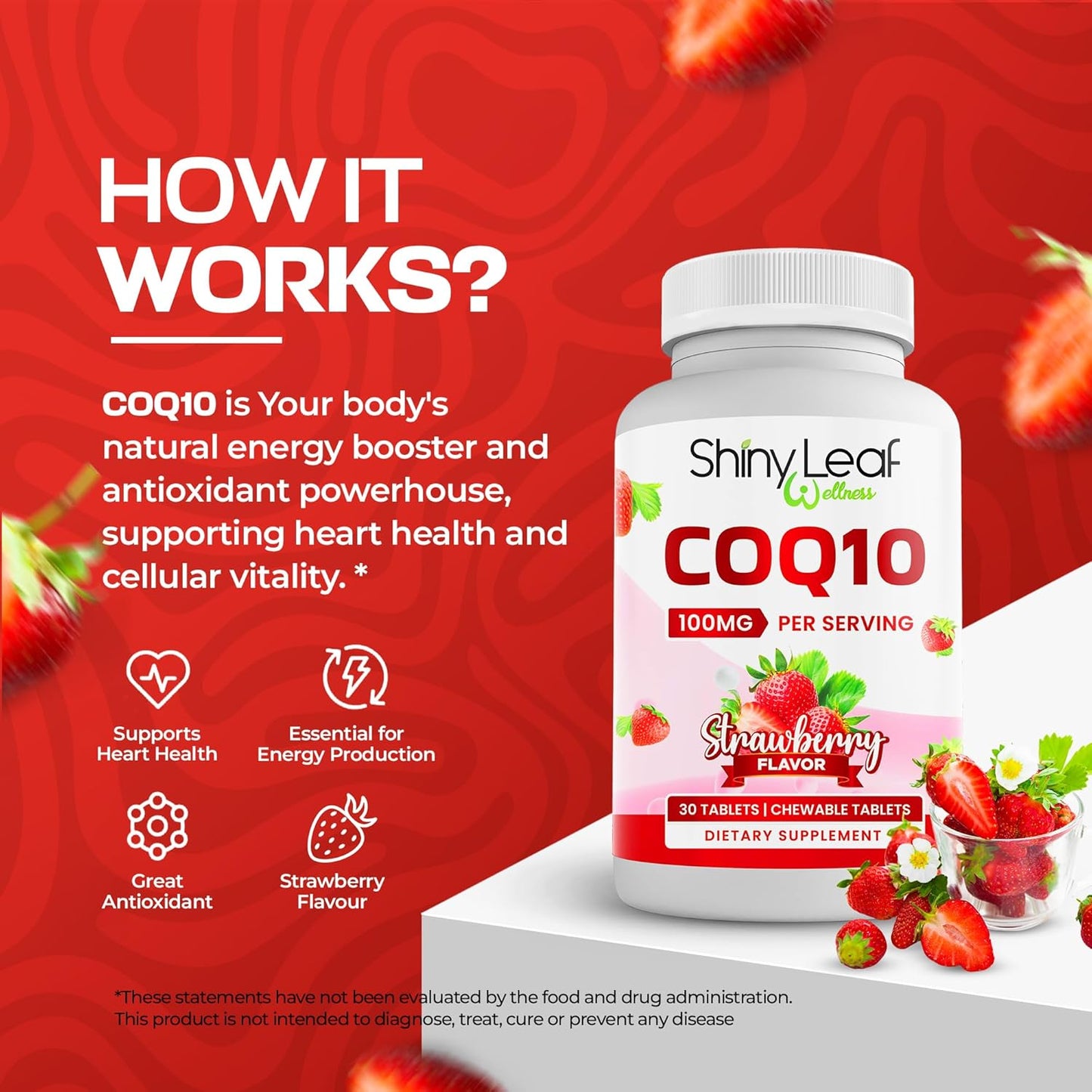 Heart, Bone, and Energy Support Bundle: Shiny Leaf COQ10 100mg, Calcium Citrate, and Vitamin D3 - 30 Chewable Tablets + 120 Caplets, 1 Month Supply