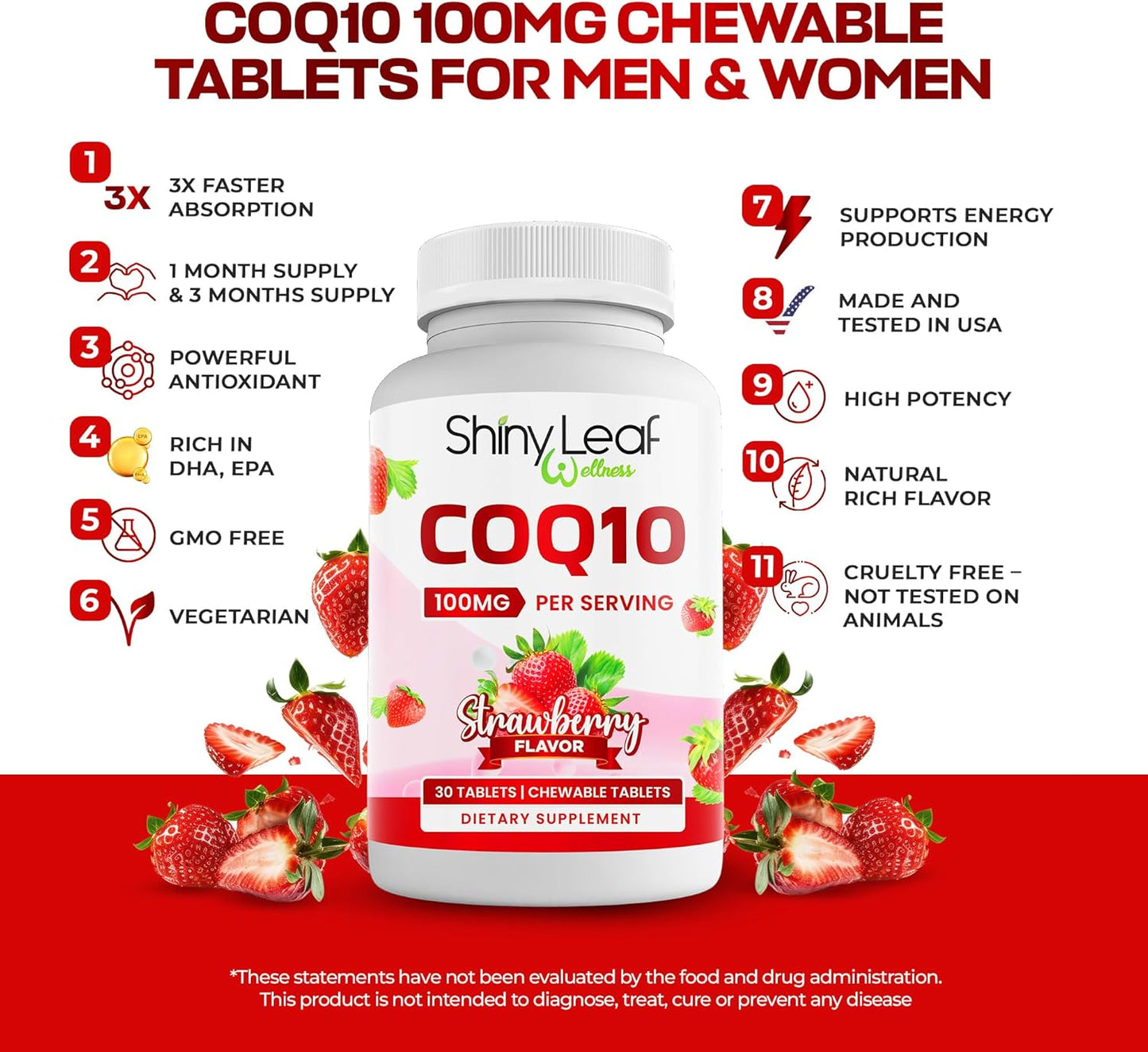Heart, Bone, and Energy Support Bundle: Shiny Leaf COQ10 100mg, Calcium Citrate, and Vitamin D3 - 30 Chewable Tablets + 120 Caplets, 1 Month Supply