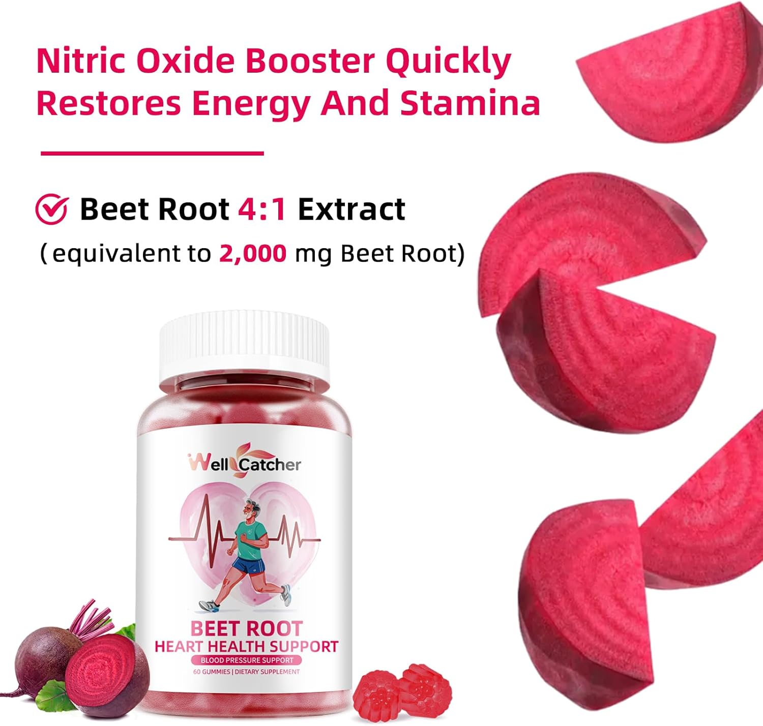 Heart & Circulation Support Beet Root Gummies - Nitric Oxide Energy Boost with Vitamin C D B12 Grapeseed Coenzyme Q10 - Sugar Free Dietary Supplement for Blood Pressure - 60ct