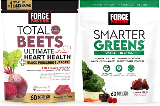 Heart Health and Digestion Support Bundle: Force Factor Total Beets + Smarter Greens Superfood Chews, 60 Soft Chews Each