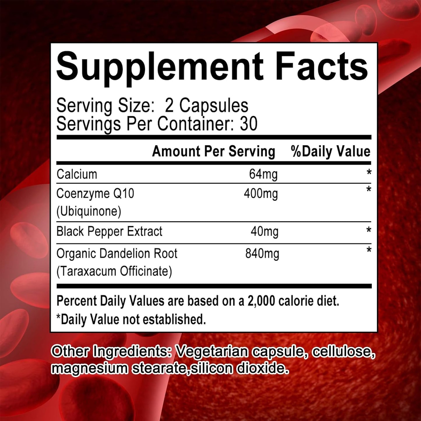 Heart Health & Energy Support CoQ10 Supplement with Dandelion Root & Calcium - 60 Capsules