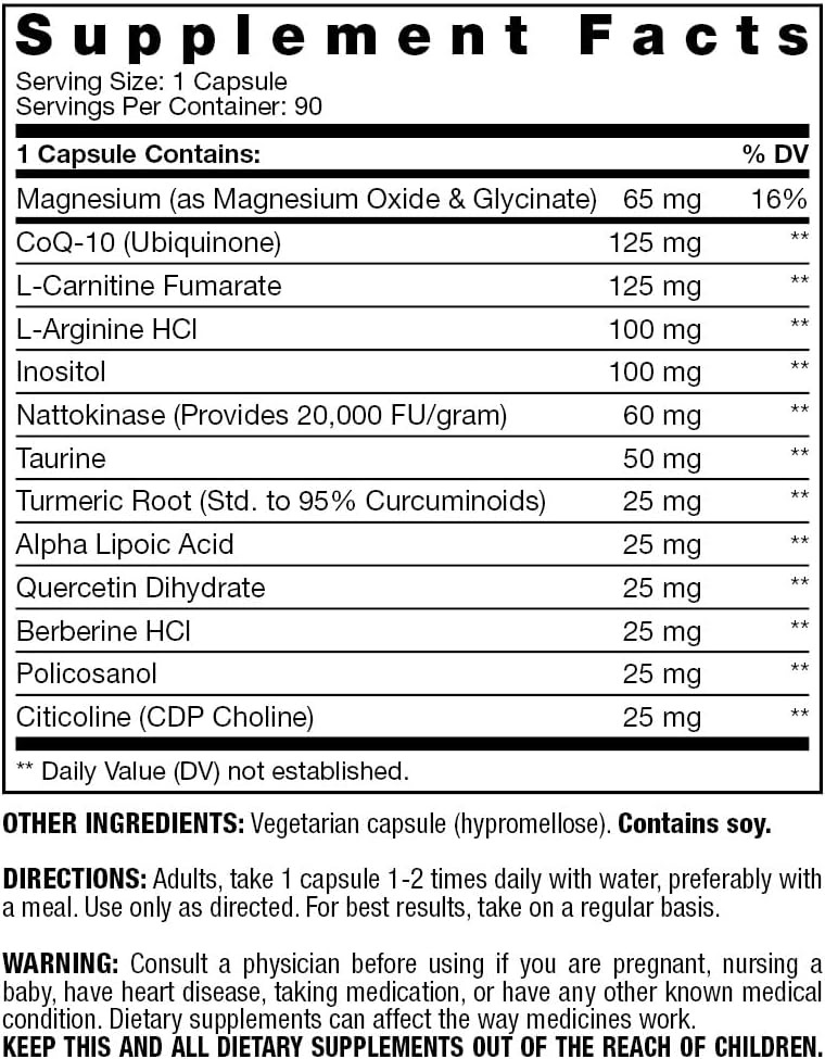 Heart Health Supplement with CoQ-10, Quercetin, L-Carnitine Fumarate, L-Arginine, Berberine, Inositol, Magnesium Citrate & Taurine | Supports Cardiovascular Health | 90 Capsules
