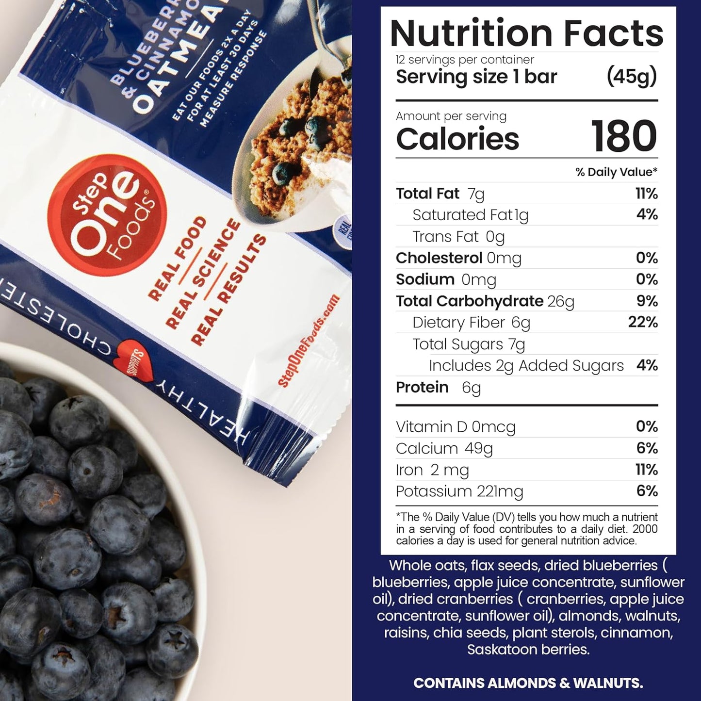 Heart Healthy Blueberry Cinnamon Oatmeal with Plant Sterols, Omega 3's, and Fiber - Gluten Free Vegan Snack, Zero Sodium, Non-GMO (12 Pack)