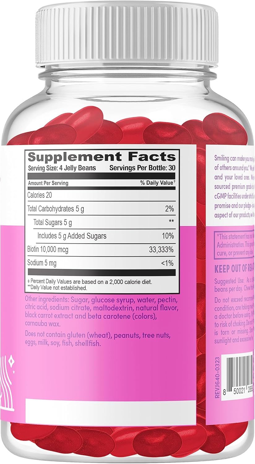 Heartland Pharma Biotin 10,000 MCG Jelly Beans for Hair, Skin & Nails Support - Vegan, Gluten-Free, Non-GMO & Kosher - Strawberry Flavor - 120 Count