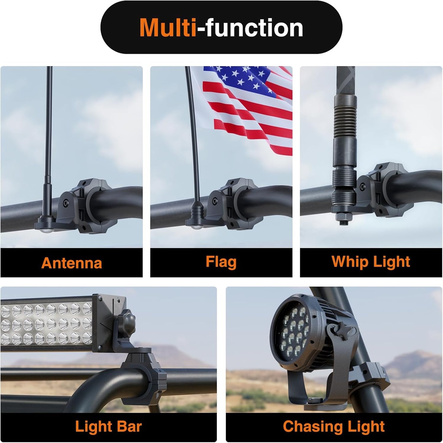 Heavy Duty Adjustable UTV Whip Mount Bracket for Light Bar and Antenna, 2 Pack, Fits 1" to 2" Roll Cage of UTV ATV Polaris RZR SXS Can Am