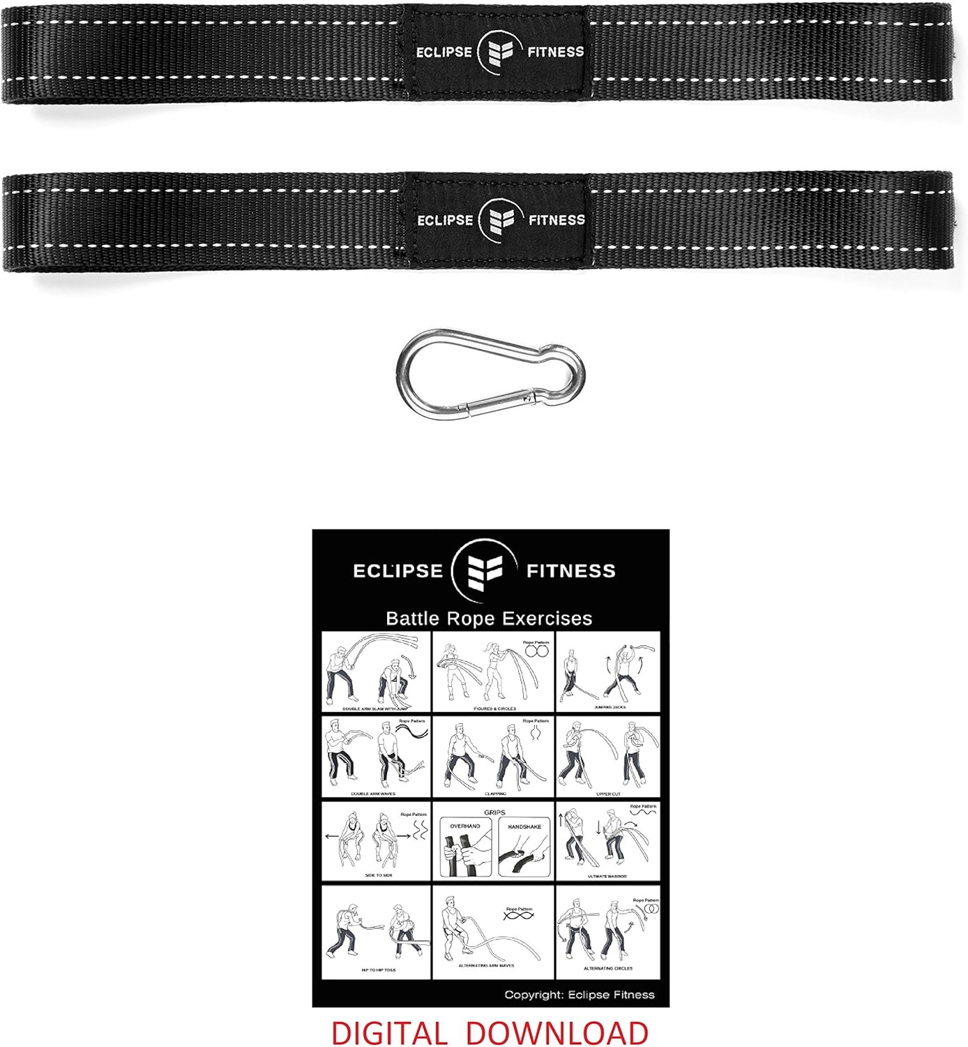 Heavy Duty Eclipse Fitness Battle Rope Anchor Strap Kit with Reinforced Nylon - Easy Setup, Stops Rope Damage, Stainless Steel Carabiner - Includes Exercise Guide