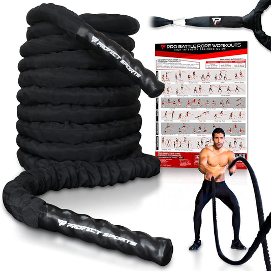 Heavy Duty Profect Sports Pro Battle Ropes Set with Anchor Strap Kit and Exercise Poster - Upgraded Protective Sleeve - Ideal for Strength Training, Cardio, CrossFit - 100% Poly Dacron Battle Rope