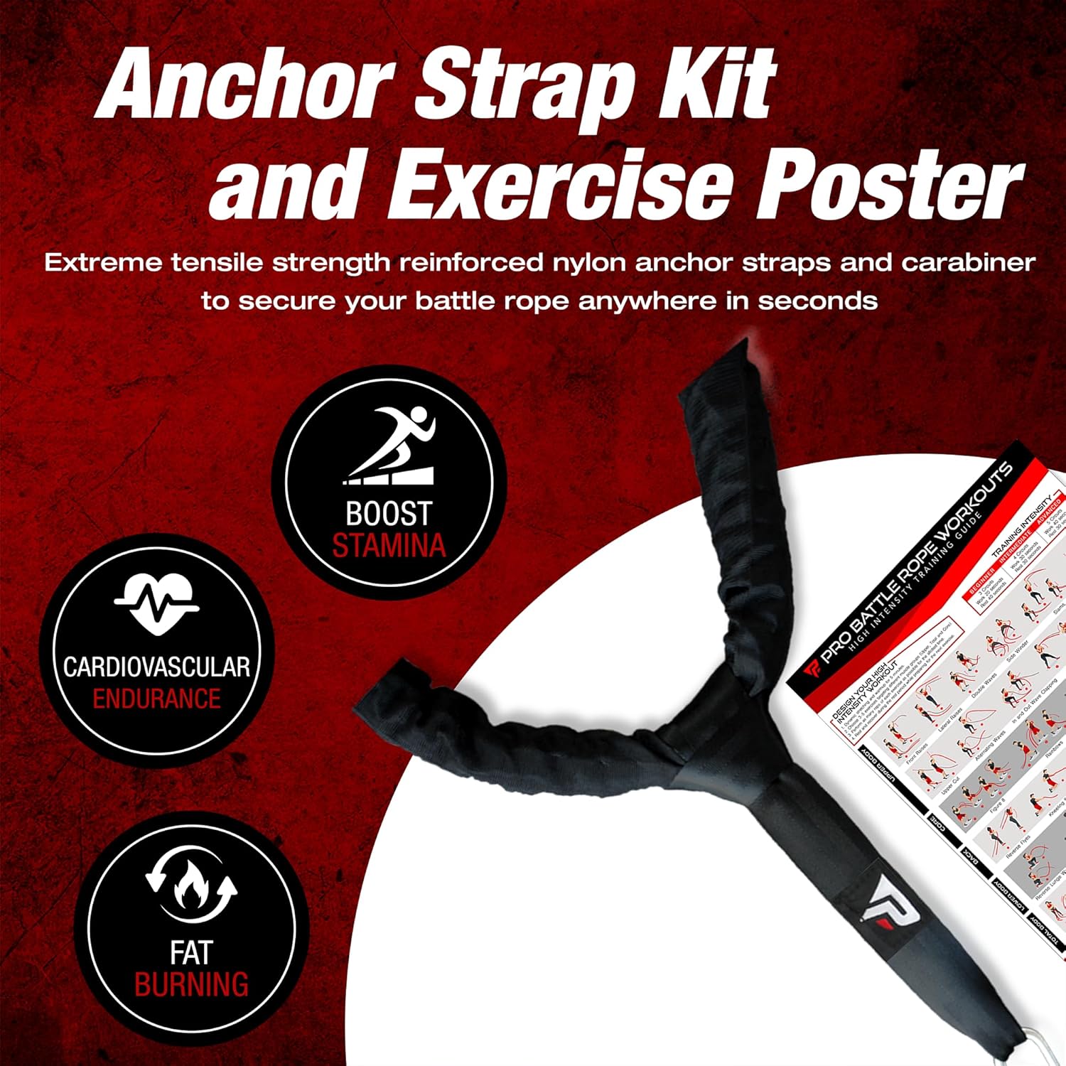 Heavy Duty Profect Sports Pro Battle Ropes Set with Anchor Strap Kit and Exercise Poster - Upgraded Protective Sleeve - Ideal for Strength Training, Cardio, CrossFit - 100% Poly Dacron Battle Rope