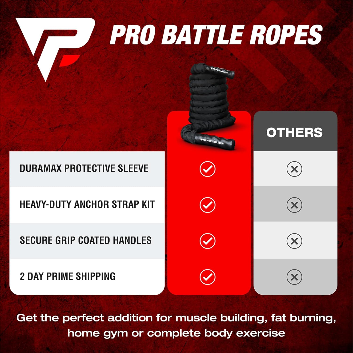Heavy Duty Profect Sports Pro Battle Ropes Set with Anchor Strap Kit and Exercise Poster - Upgraded Protective Sleeve - Ideal for Strength Training, Cardio, CrossFit - 100% Poly Dacron Battle Rope