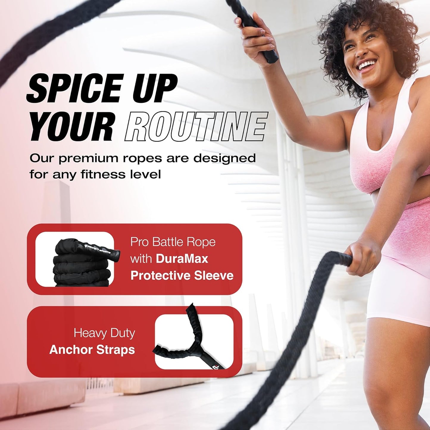 Heavy Duty Profect Sports Pro Battle Ropes Set with Anchor Strap Kit and Exercise Poster - Upgraded Protective Sleeve - Ideal for Strength Training, Cardio, CrossFit - 100% Poly Dacron Battle Rope