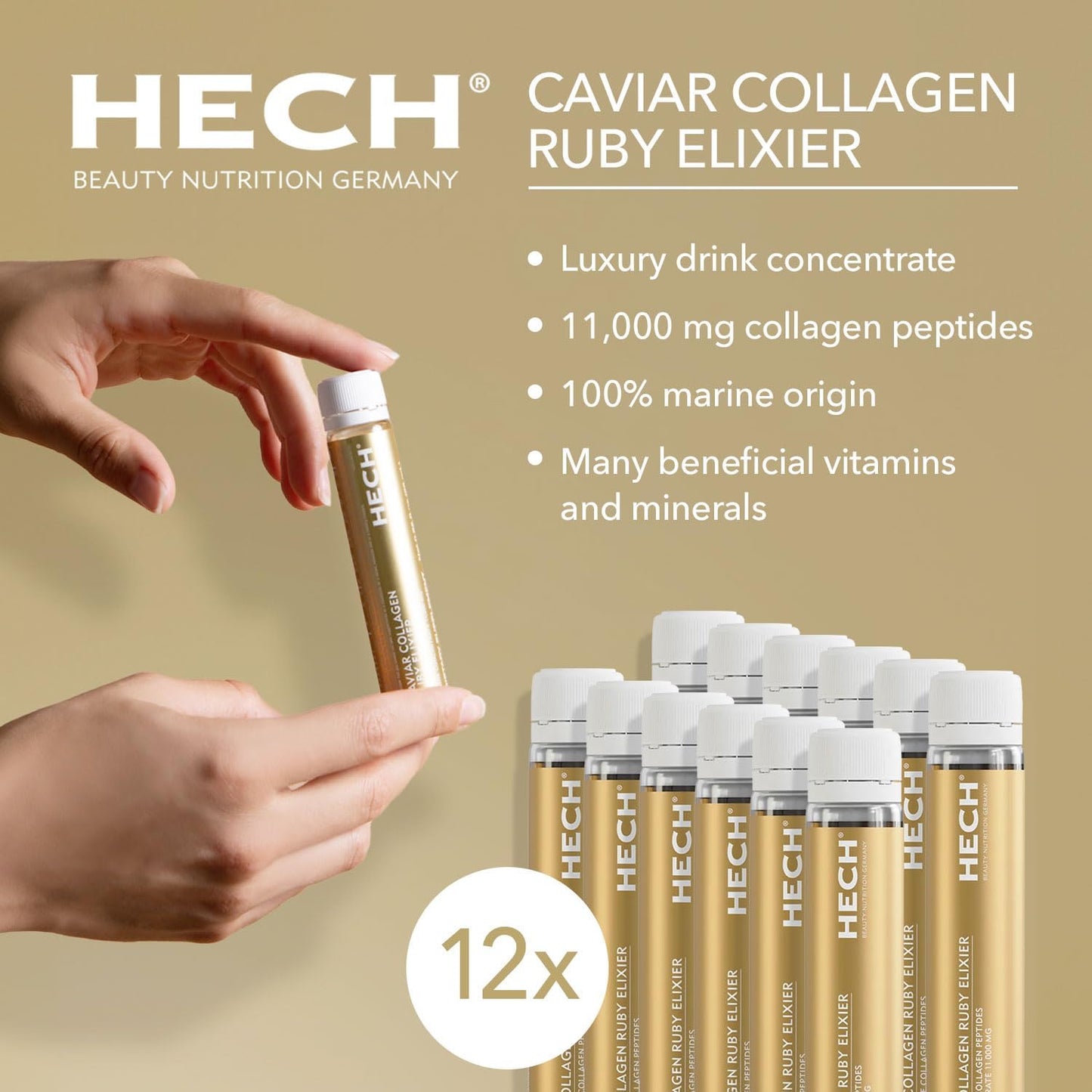 HECH Caviar Collagen Ruby Elixier - Beauty Supplement with Marine Collagen Peptides and Vita-Mineral Nutrients