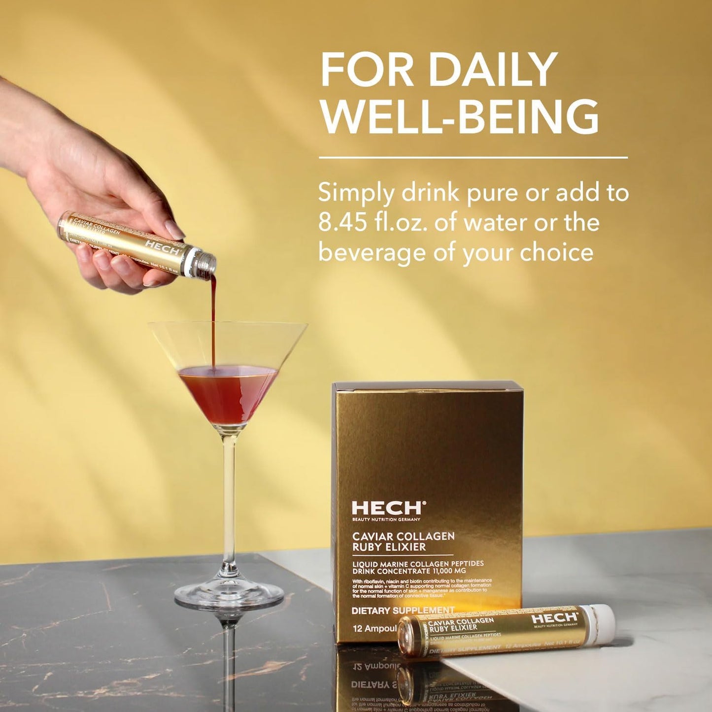HECH Caviar Collagen Ruby Elixier - Beauty Supplement with Marine Collagen Peptides and Vita-Mineral Nutrients