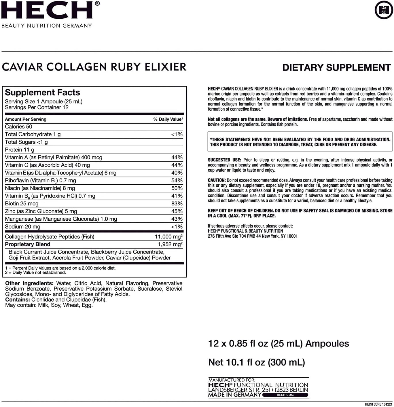 HECH Caviar Collagen Ruby Elixier - Beauty Supplement with Marine Collagen Peptides and Vita-Mineral Nutrients