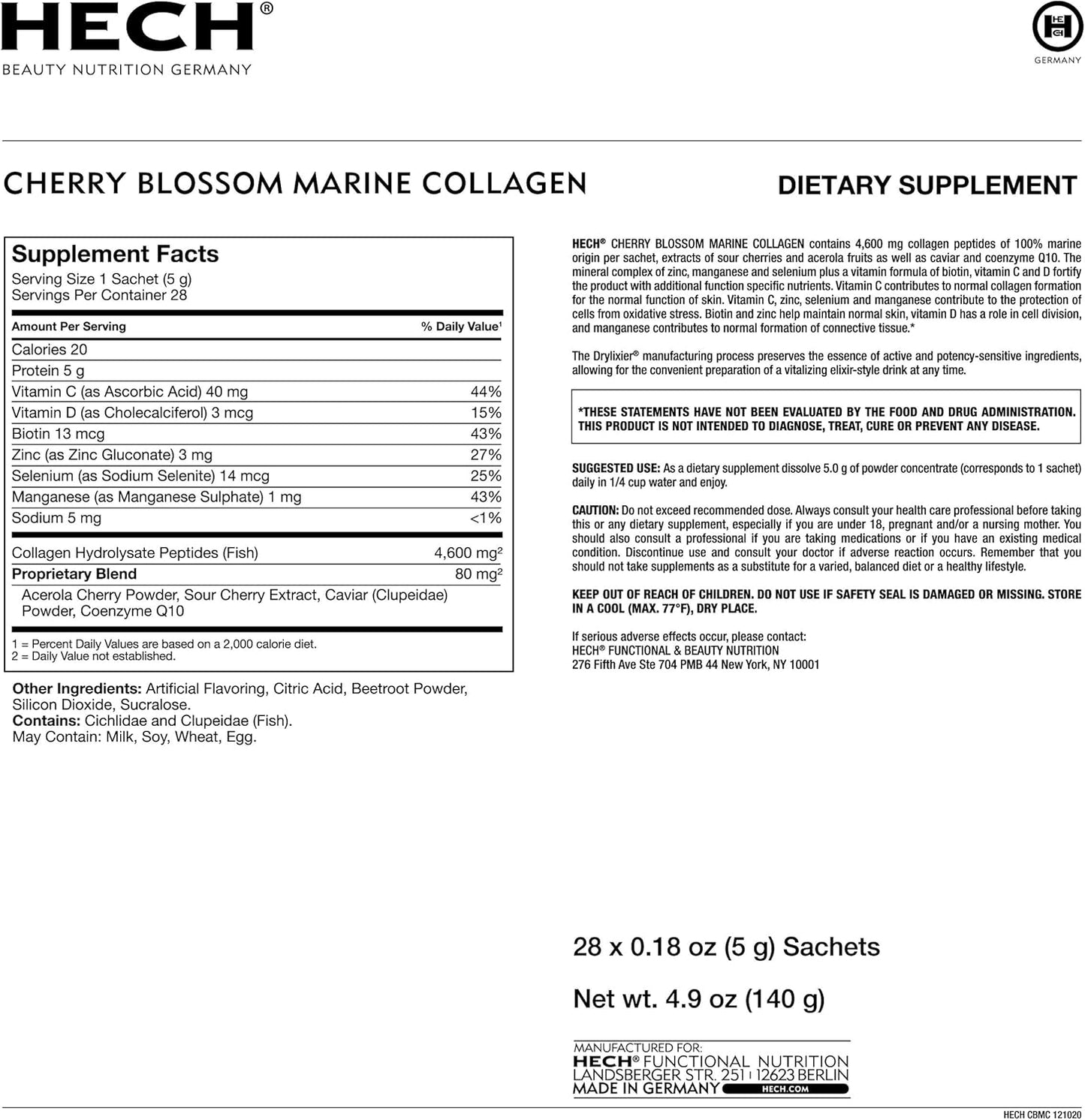 HECH Cherry Blossom Marine Collagen Drink Sachets - Youthful Glow, 4,600mg Collagen, Antioxidant Matrix with Natural Extracts