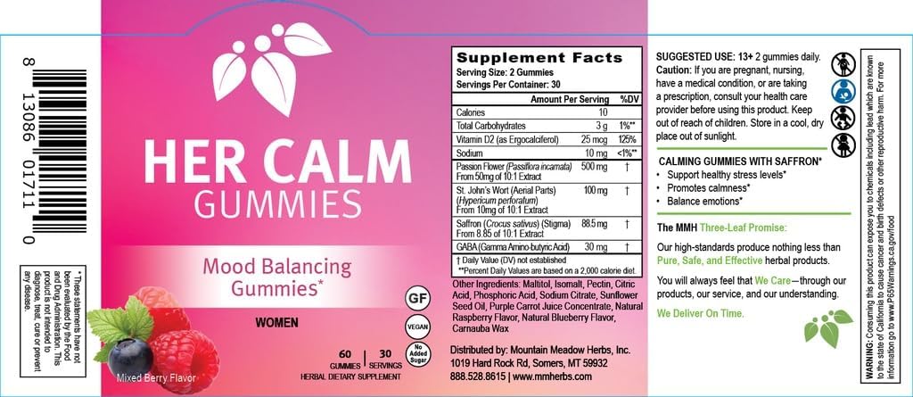 Her Calm Gummies - Natural Mood Support with Saffron, Passion Flower, St. John's Wort & GABA (60 ct) by Mountain Meadow Herbs