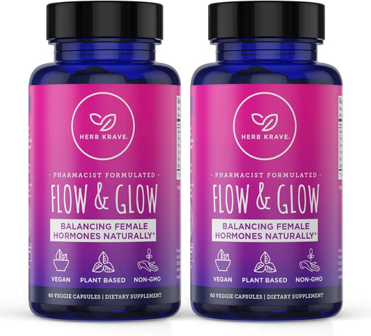 Herb Krave Flow and Glow Natural Hormone Balance for Women - PMS & Menopause Relief - Donq Quai & Black Cohosh - 120 Vegan Capsules
