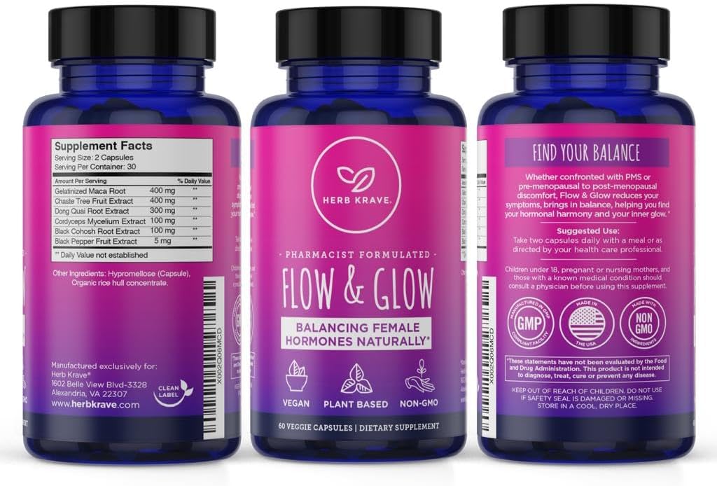 Herb Krave Flow and Glow Natural Hormone Balance for Women - PMS & Menopause Relief - Donq Quai & Black Cohosh - 120 Vegan Capsules