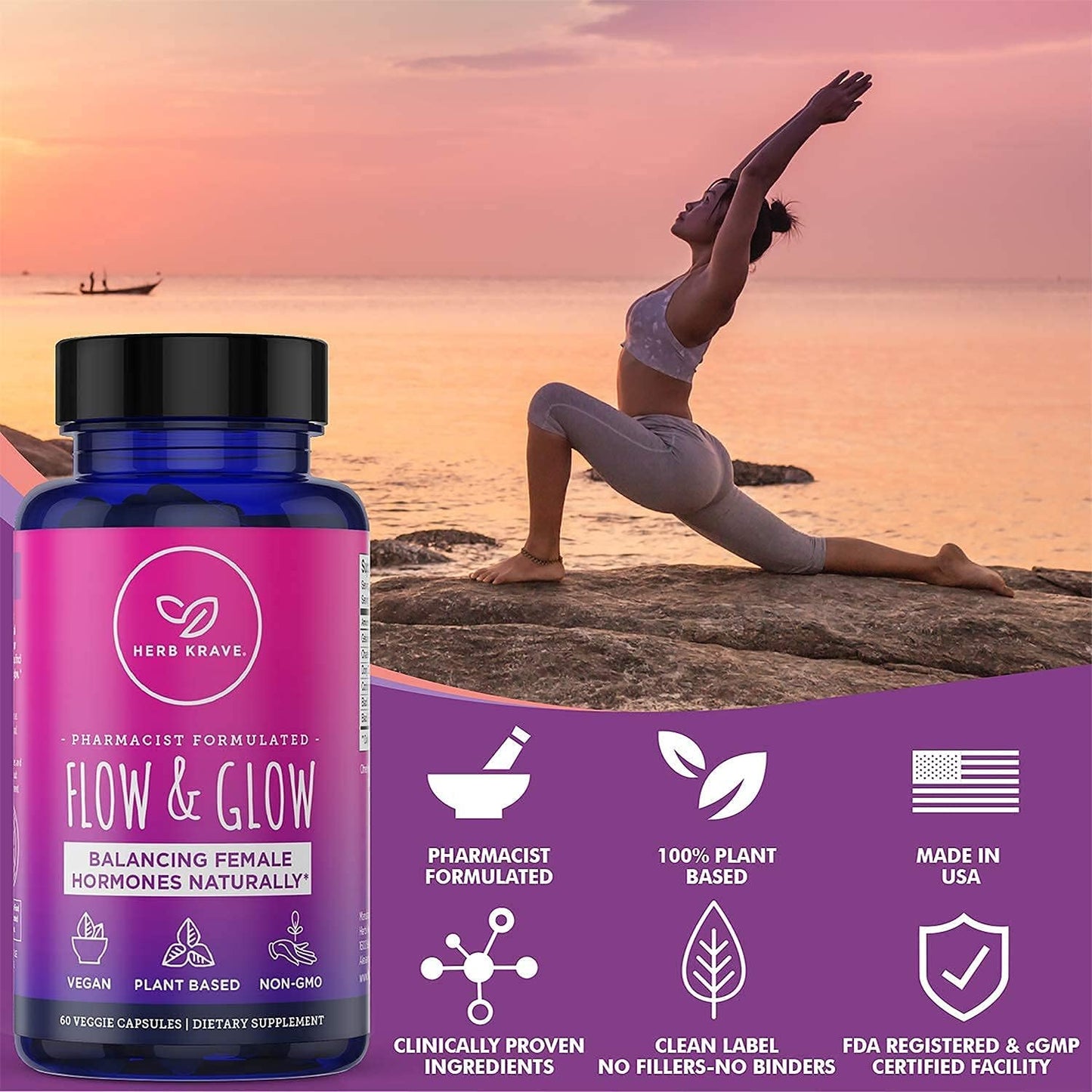 Herb Krave Flow and Glow Natural Hormone Balance for Women - PMS & Menopause Relief - Donq Quai & Black Cohosh - 120 Vegan Capsules