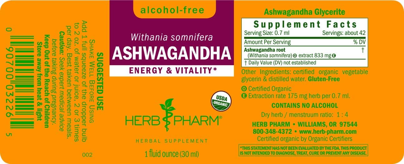 Herb Pharm Ashwagandha and Rhodiola Root Extracts for Energy and Vitality, Alcohol-Free Glycerite, Organic Cane Alcohol, 1 Oz - Boost Endurance and Stamina