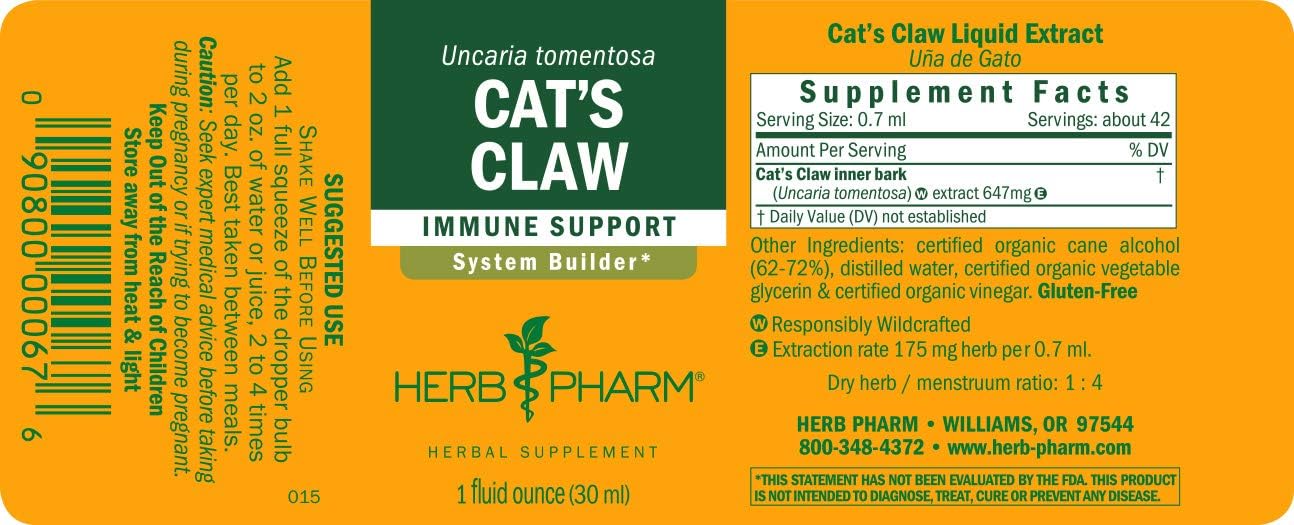 Herb Pharm Cat's Claw (UNA de Gato) Liquid Extract - Immune System Support - 1oz